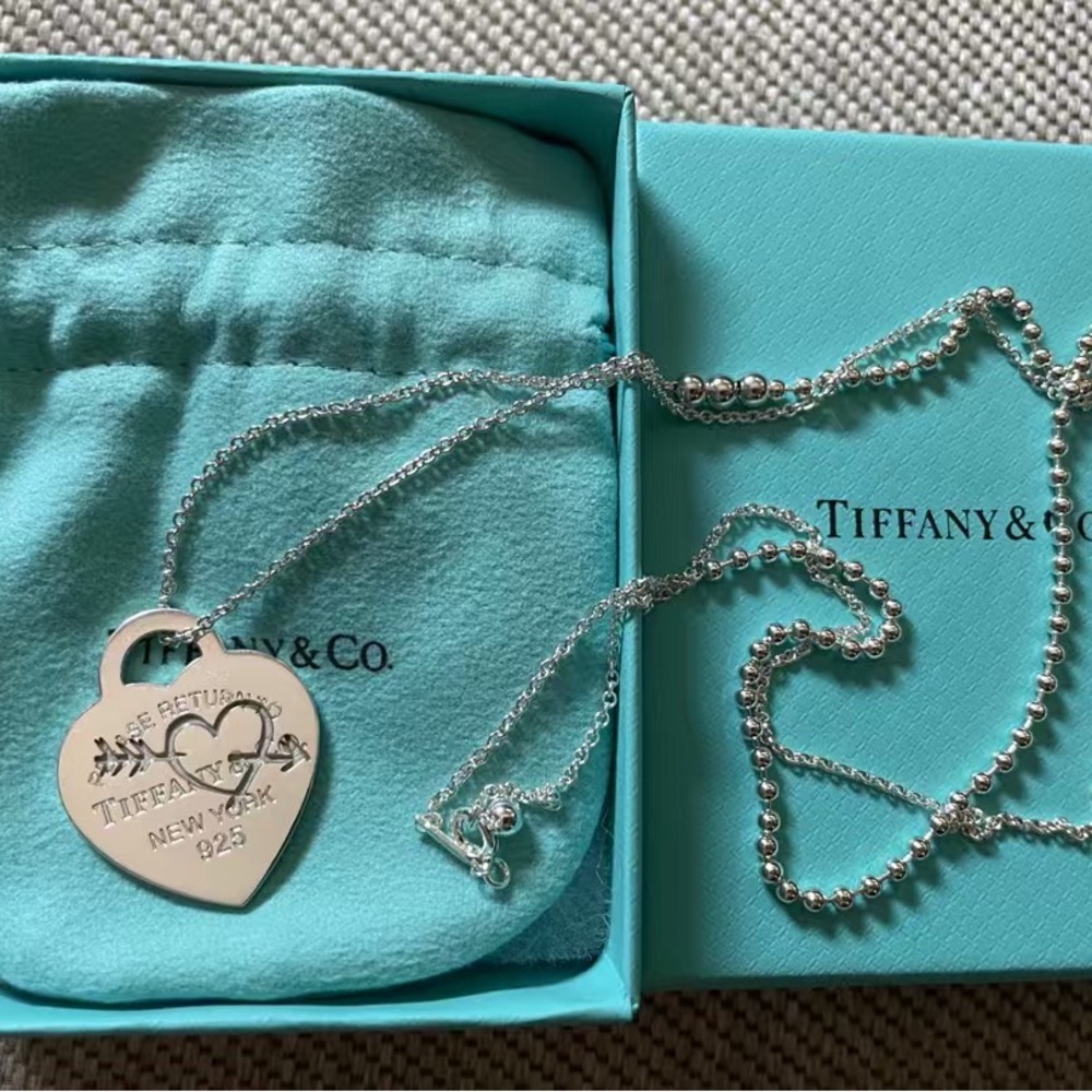 NEW Tiffany & Co Heart and Arrow Mixed Bead Chain Silver Pendent Necklace